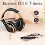 Bluetooth Headphones Over Ear, 6S Wireless Headphones Wired with 6 EQ Modes, 40 Hours Playtime Foldable HiFi Stereo Headset with Microphone, FM/TF for Cellphone/PC/Work (Black & Gold) - Image 2