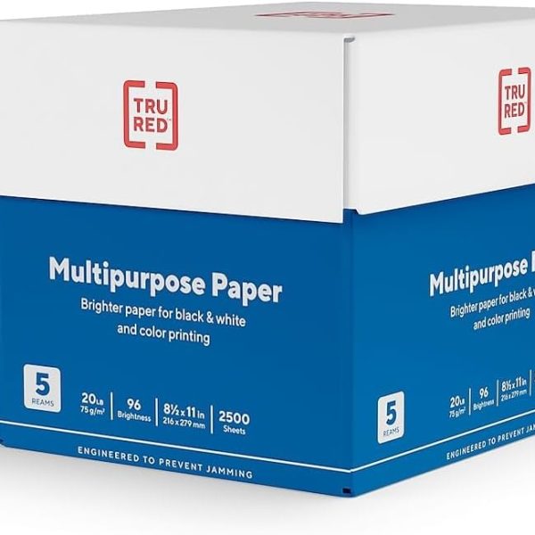 Staples TRU RED Color Printer Paper - 8.5" x 11", 1 Carton of 5 Reams for 2,500 Total Sheets, 20 lbs, 96 Bright Paper - Acid-Free and Engineered to Prevent Jamming