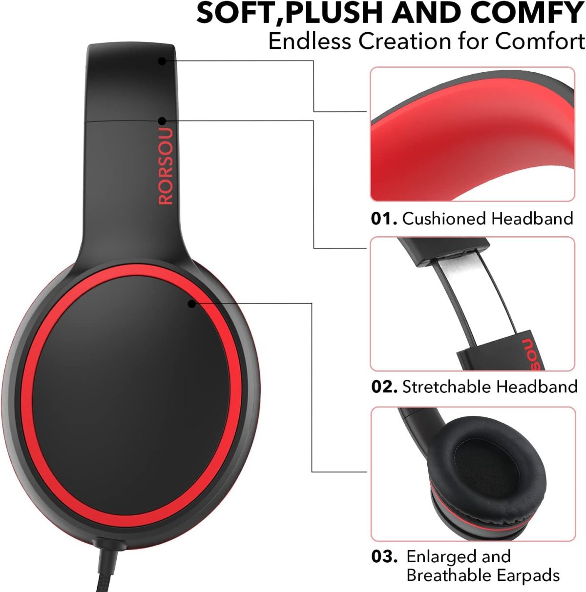 RORSOU R10 Over-Ear Headphones with Microphone, Lightweight Folding Stereo Bass Headset with 1.5M No-Tangle Cord, Portable Wired Headphones for Smartphone Tablet Computer MP3 / 4 (Black) - Image 4