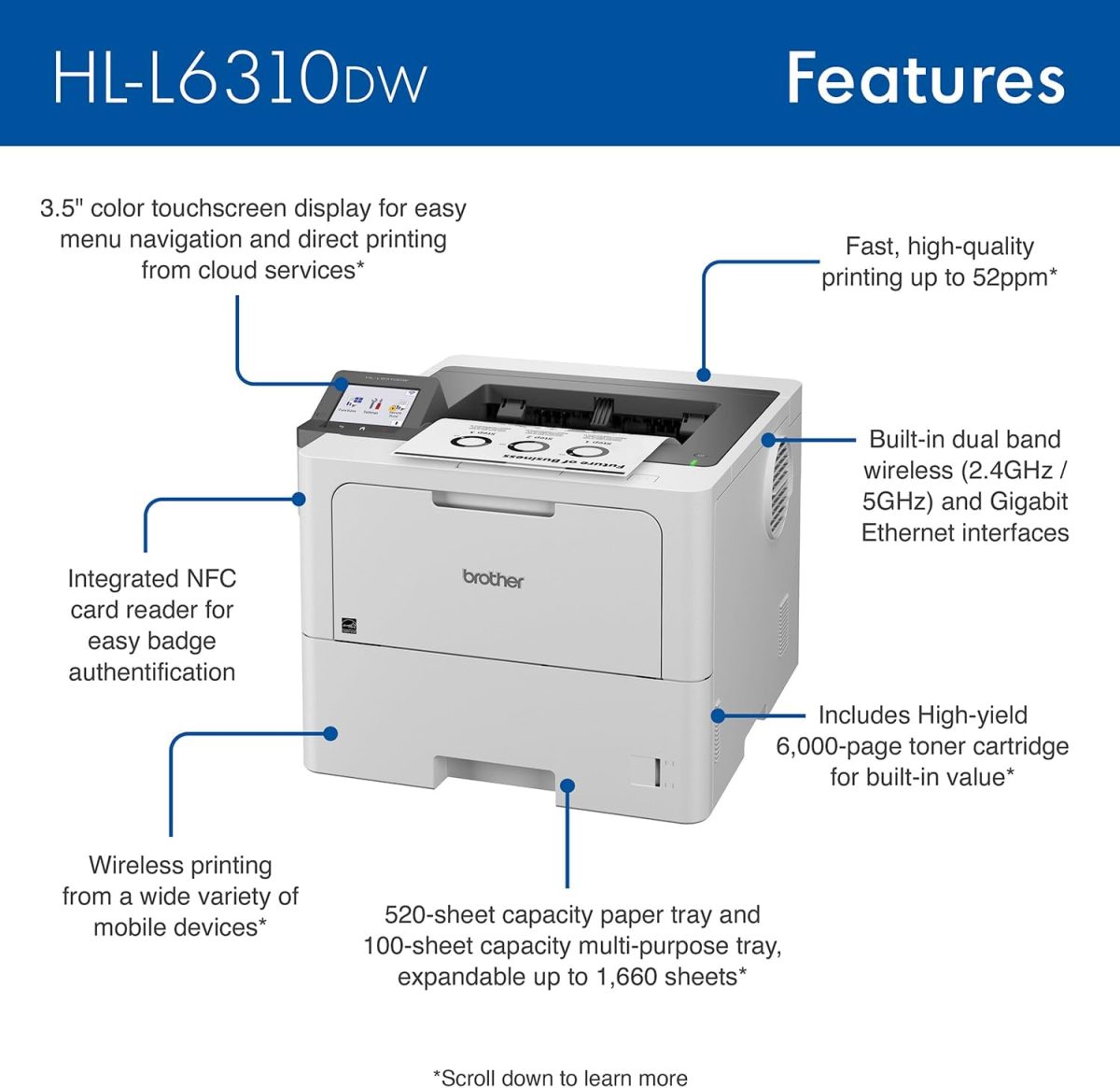 Brother HL-L6310DW Enterprise Monochrome Laser Printer with Low-Cost Printing, WirelessNetworking, and Large Paper Capacity, Works with Alexa - Image 2