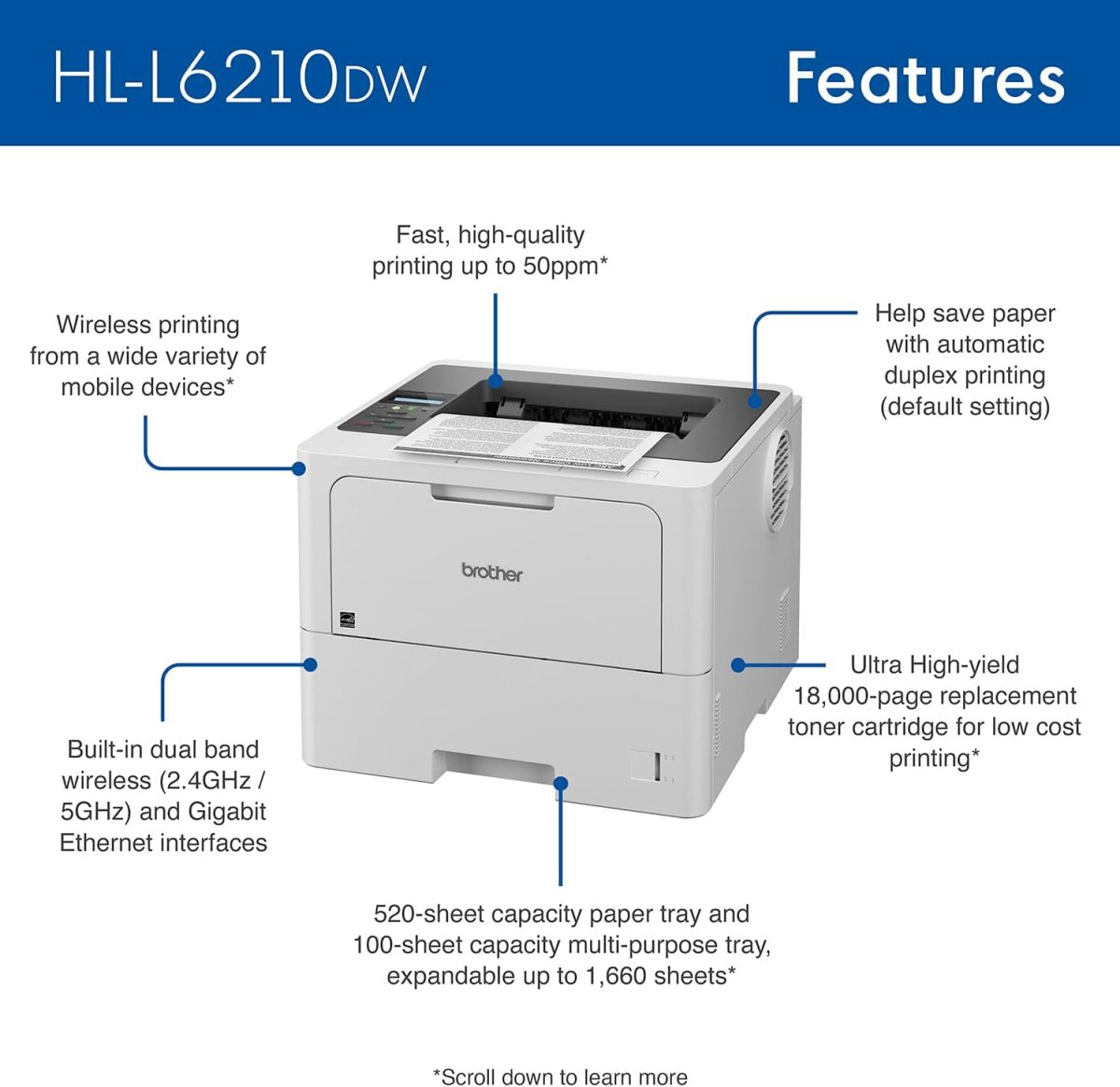 Brother HLL6210DW Business Monochrome Laser Printer with Large Paper Capacity, Wireless and Gigabit Ethernet Networking, Advanced Security Features and Mobile Printing (Renewed Premium) - Image 2