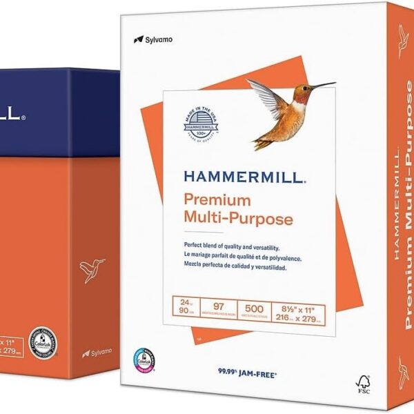 Hammermill Printer Paper, Premium Multipurpose Paper 24 lb, 8.5 x 11 - 5 Ream (2,500 Sheets) - 97 Bright, Made in the USA, 105810C