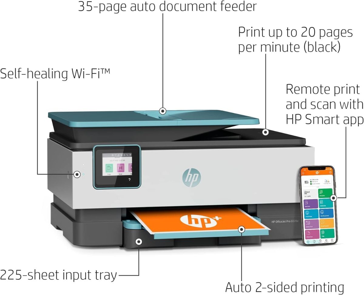 HP OfficeJet Pro 8028e All in One Wireless Printer Scanner Copier Fax Inkjet Print 2.7 Inch Touchscreen 2 Months of Instant Ink 20 ppm Black 10 ppm Color Home Office Use (Renewed) - Image 3