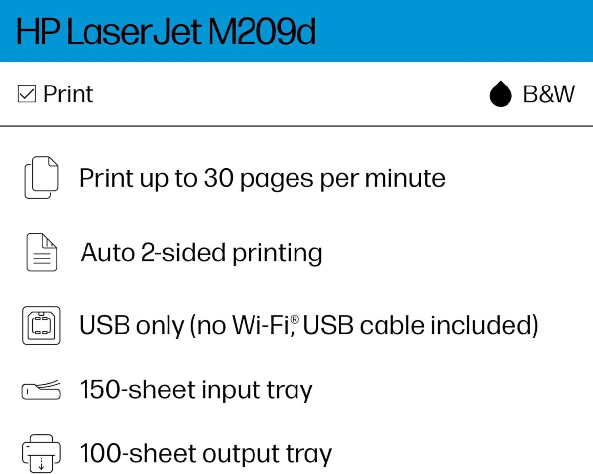 HP LaserJet M209d Laser Printer, Black and White, Automatic Duplex, USB Connection Only (Cable Included), Ideal in Home Office (8J9L0F) - Image 2