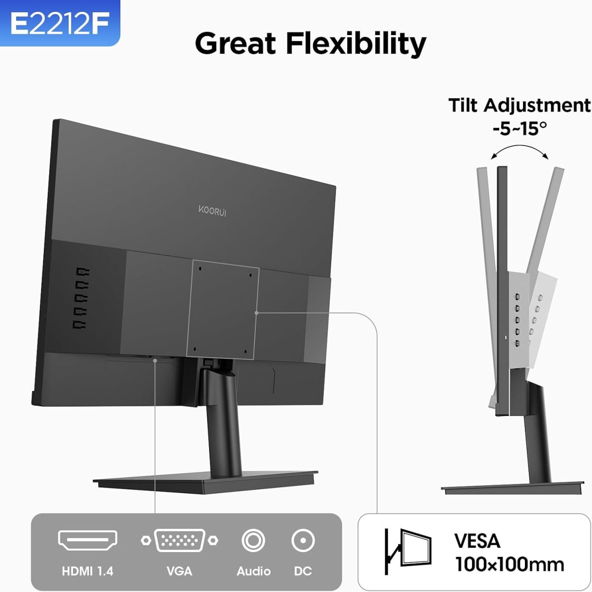 KOORUI 22 Inch Computer Monitor Full HD 1080P 100Hz PC Gaming Screen VA Panel Ultra-Slim Display 3000:1 Contrast Ratio with Adpitive Sync (HDMI/VGA/VESA Compatible 100x100mm/Audio Out), Tilt, Black - Image 6