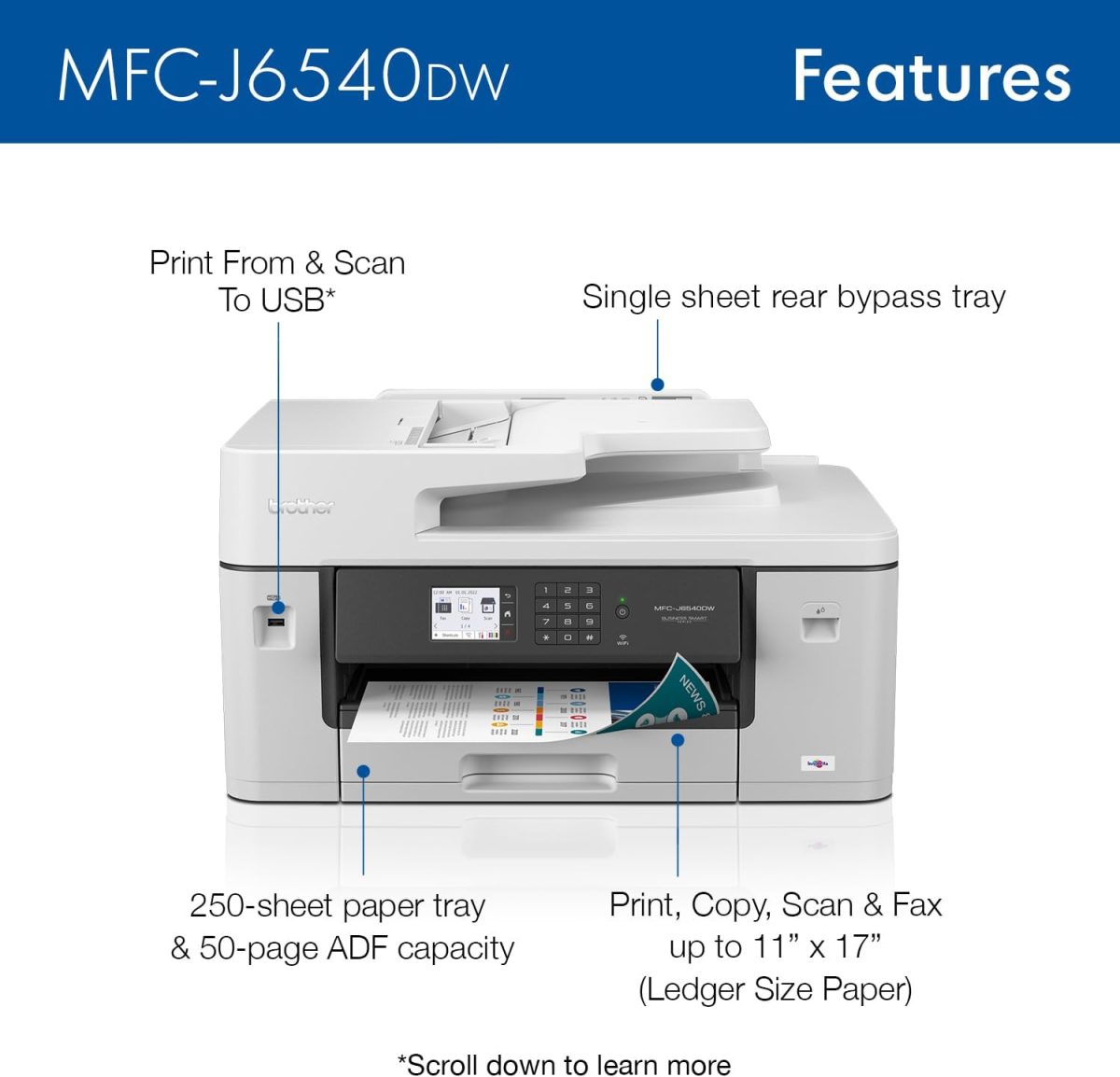 Brother Genuine Wide Format All-in-One Wireless Color Printer for Home Office and Small Business with 11x17 Printer, Scanner, Copier and Fax - Fast 28 PPM Inkjet Technology (MFC-J6540DW) - Image 3