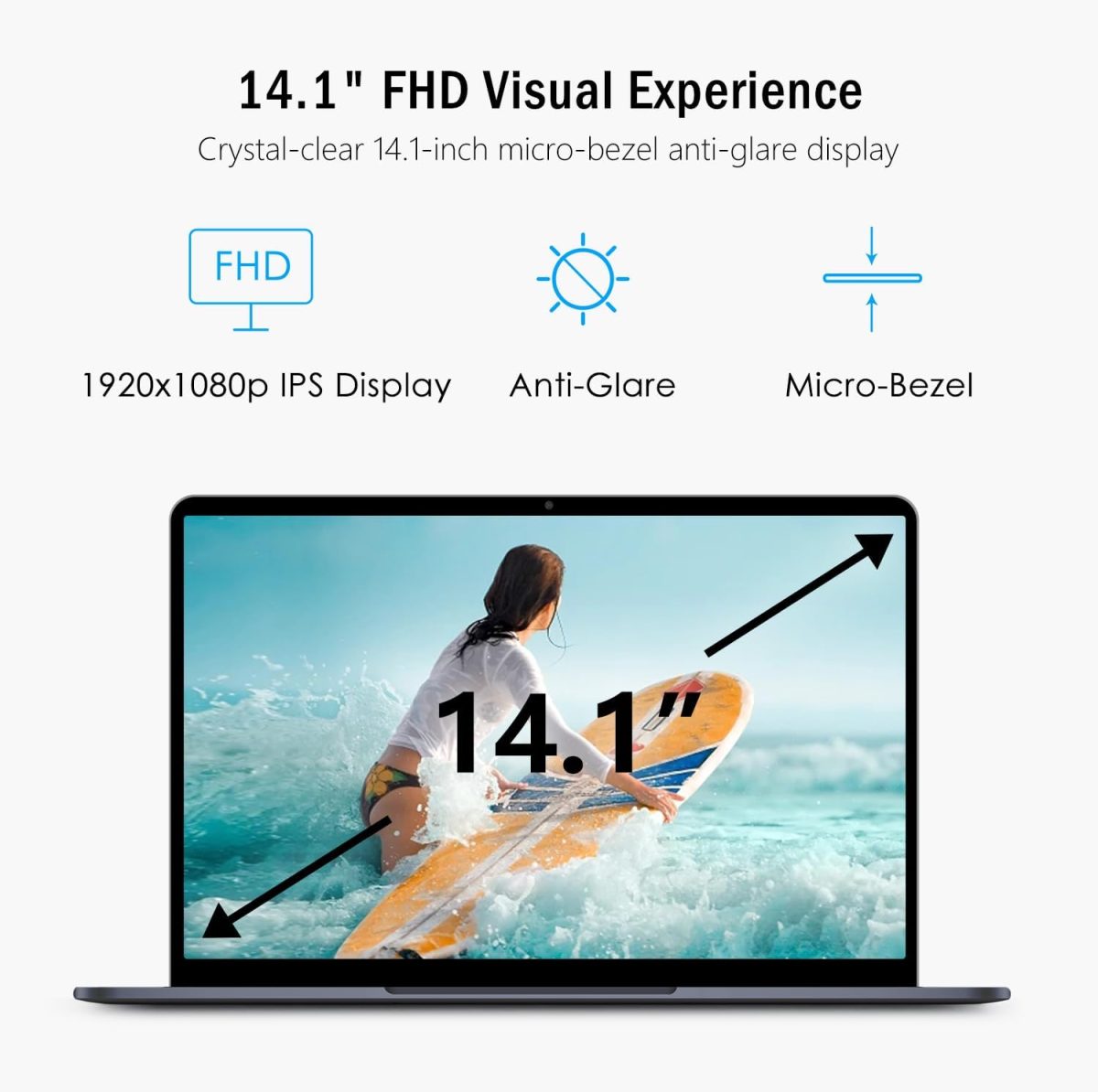 VGKE 14.1" Laptop, B14 Air Full HD 1920 * 1080 IPS Student Laptop Computer, Celeron J4105 Processor, 8GB RAM LPDDR4, 512GB SSD, Metal Body, Gray - Image 3