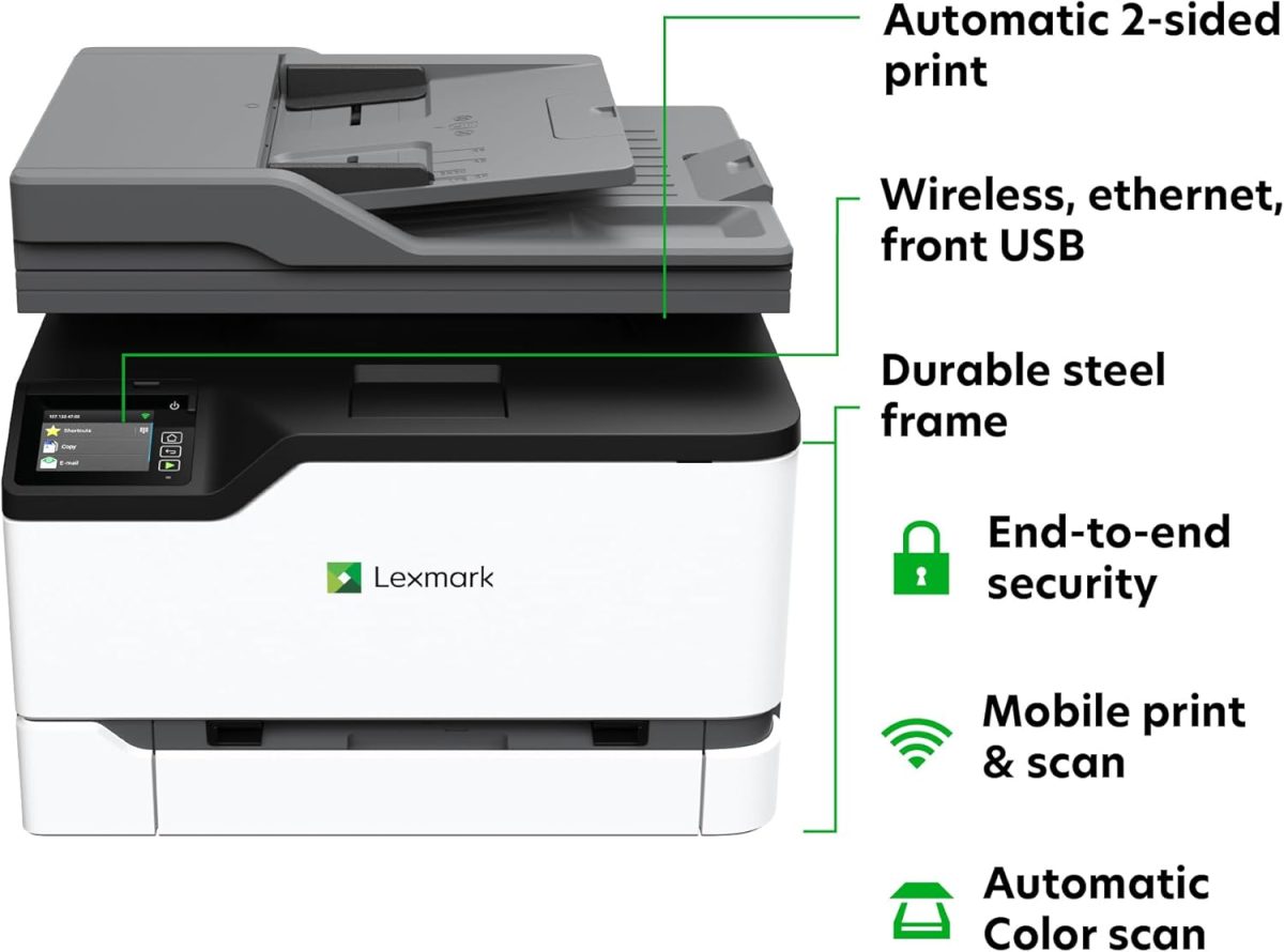 Lexmark CX331adwe Color All-in-One Laser Printer with Touchscreen, Office Scanner Copier Laser, Mobile Ready, Auto Duplex Printing & Analog Fax, Wireless, White, 26 ppm Mono/Color, 600 dpi (40N9070) - Image 2