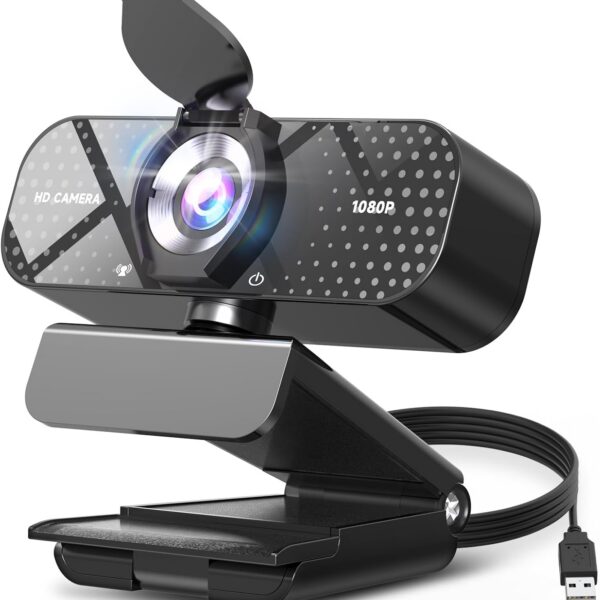 1080P HD Webcam with Microphone, Noise Cancellation, Privacy Cover, Wide-Angle Lens, Auto Light Correction, Plug & Play USB Webcam for Laptop, Desktop, PC, Mac, Zoom, Skype, Streaming Black