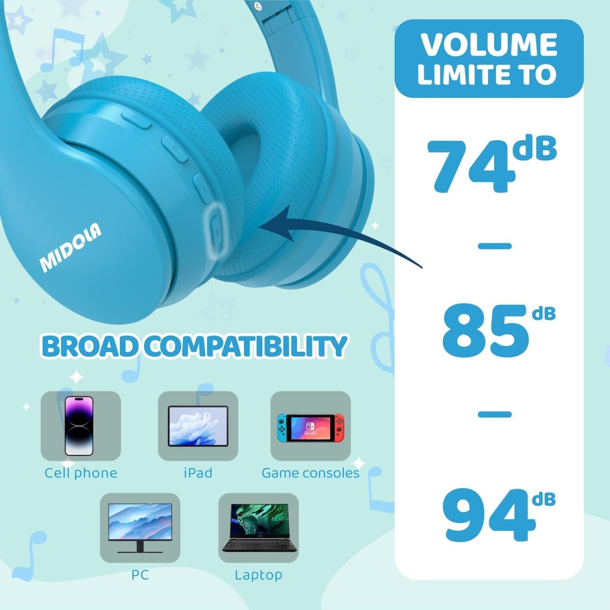 MIDOLA Kids Headphones Bluetooth 5.3 Wireless 60H Play Time Volume Limit 85/110dB Over Ear Foldable Protection Headset/Wired AUX Cord Mic for Children Boy Girl Travel School Phone Pad Tablet Blue - Image 5