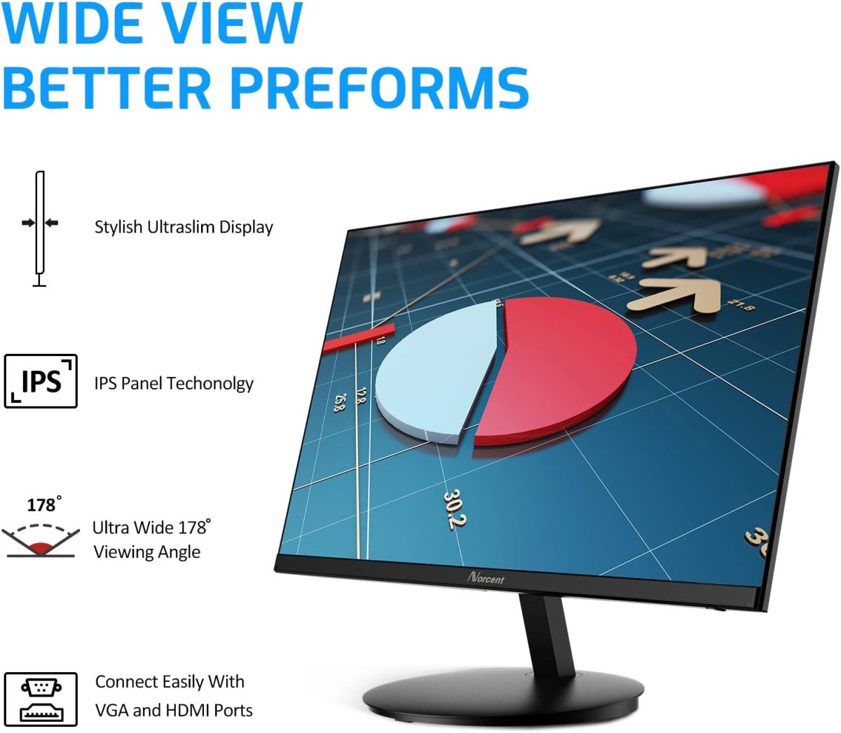 24 Inch Computer Frameless Monitor, 75Hz Full HD 1920 x 1080P IPS LED Display, HDMI VGA Port, 178 Degree Viewing Angle Blue Light Filter Function, 100x100mm VESA Mountable, MN24-H - Image 2