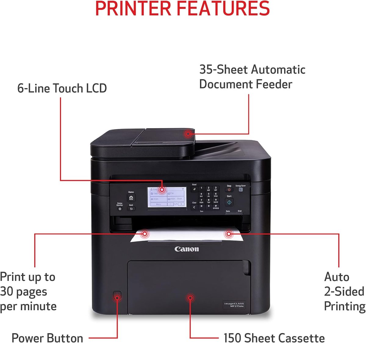 Canon imageCLASS MF275dw - Monochrome, Duplex Wireless Laser Printer, All-In-One With Scanner, Copier, Fax, Mobile Ready, 30 PPM, Black - Image 3