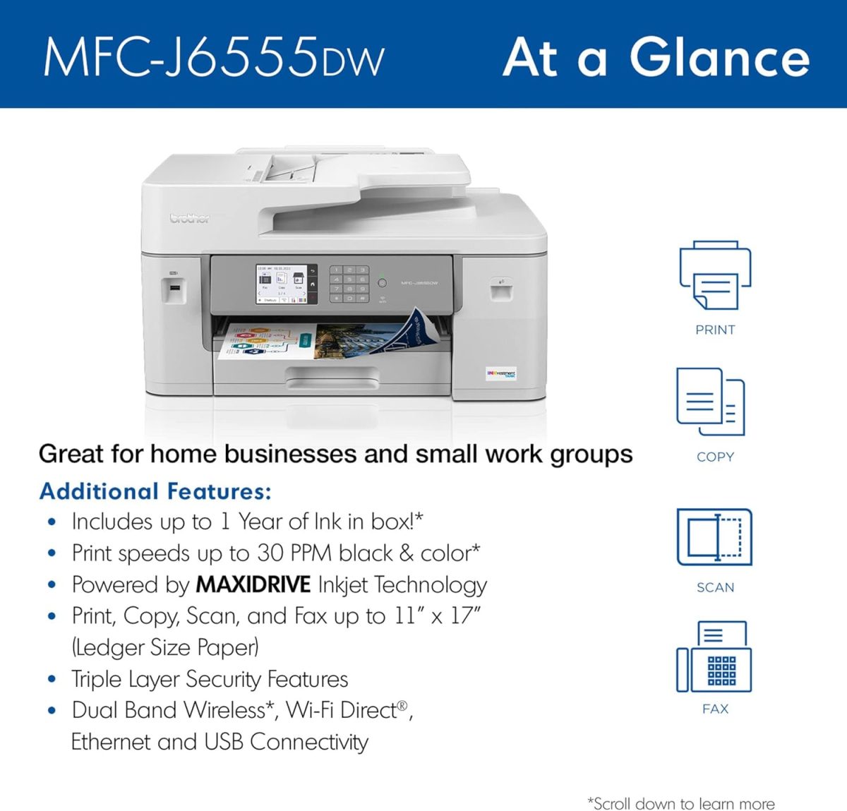 Brother MFC-J6555DW INKvestment Tank Color Inkjet All-in-One Printer with up to 1 Year of Ink in-box1 and 11” x 17” Print, Copy, scan, and fax Capabilities,White - Image 2