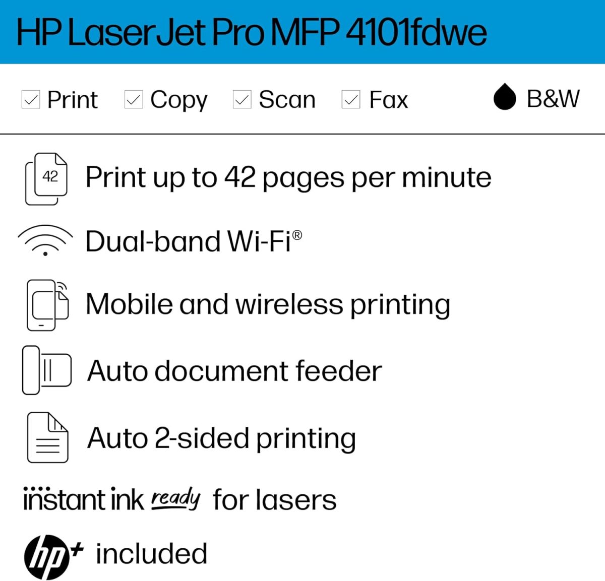HP LaserJet Pro MFP 4101fdwe Wireless Black & White Monochrome Printer with HP+ Smart Office Features and Fax - Image 2