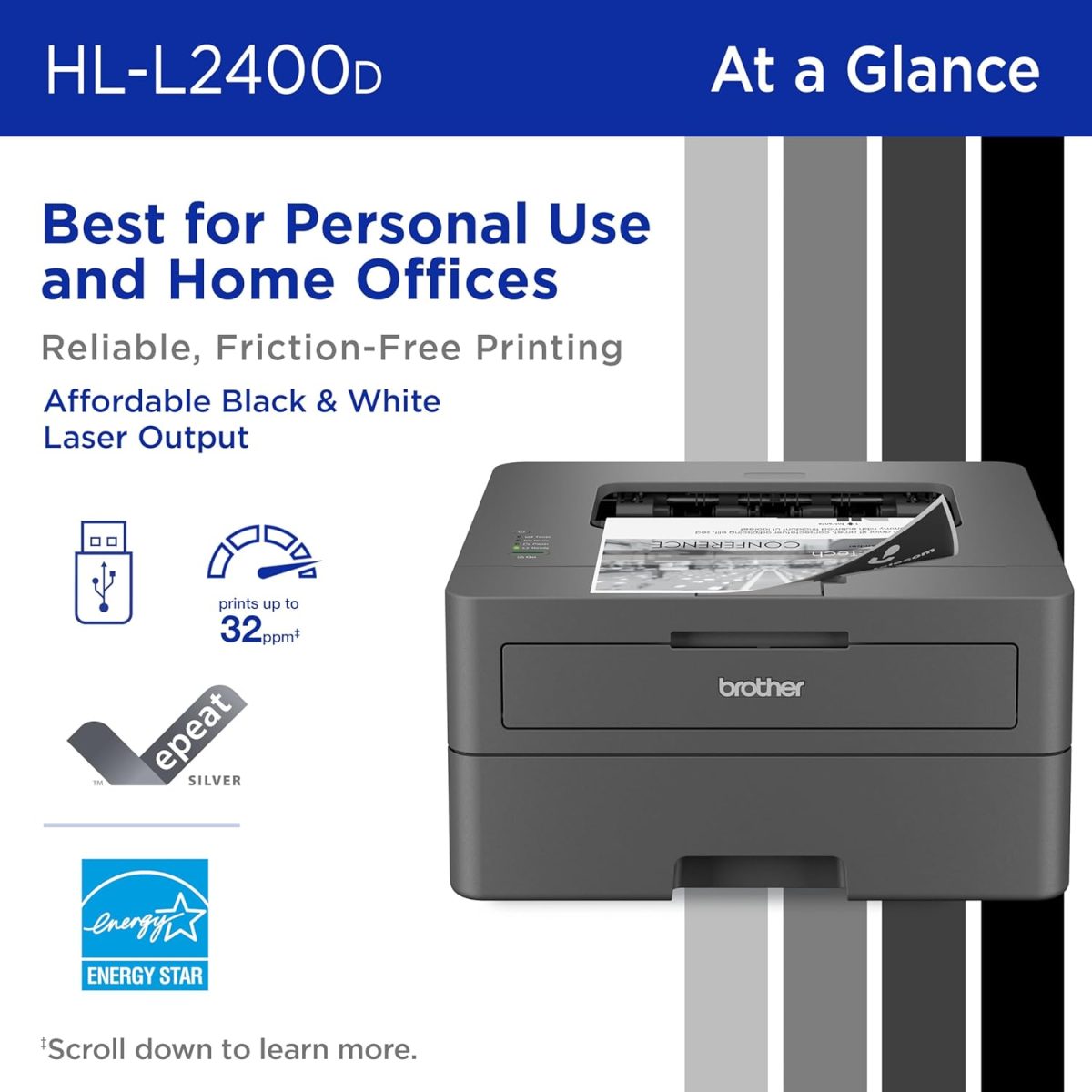 Brother HL-L2400D Compact Monochrome Laser Printer, USB Required (Cable not Included), Black & White Output | Includes Refresh Subscription Trial(1), (Renewed Premium) - Image 2