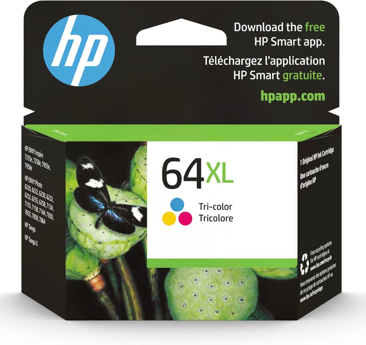 HP 64XL Tri-color High-yield Ink Cartridge for HP Printers | Works with Printer Series: ENVY Inspire 7950e; ENVY Photo 6200, 7100, 7800; Tango | Eligible for Instant Ink | N9J91AN - Image 1