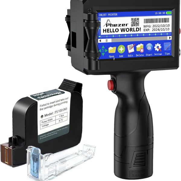 P15 Handheld Inkjet Printer for Flat Surface 0.5 Inch Nozzle for QRCode Barcode Production Date Time Logo Batch Number Print On Glass Bag Carton Box Wood Cloth Plastic Cable (25 Languages)