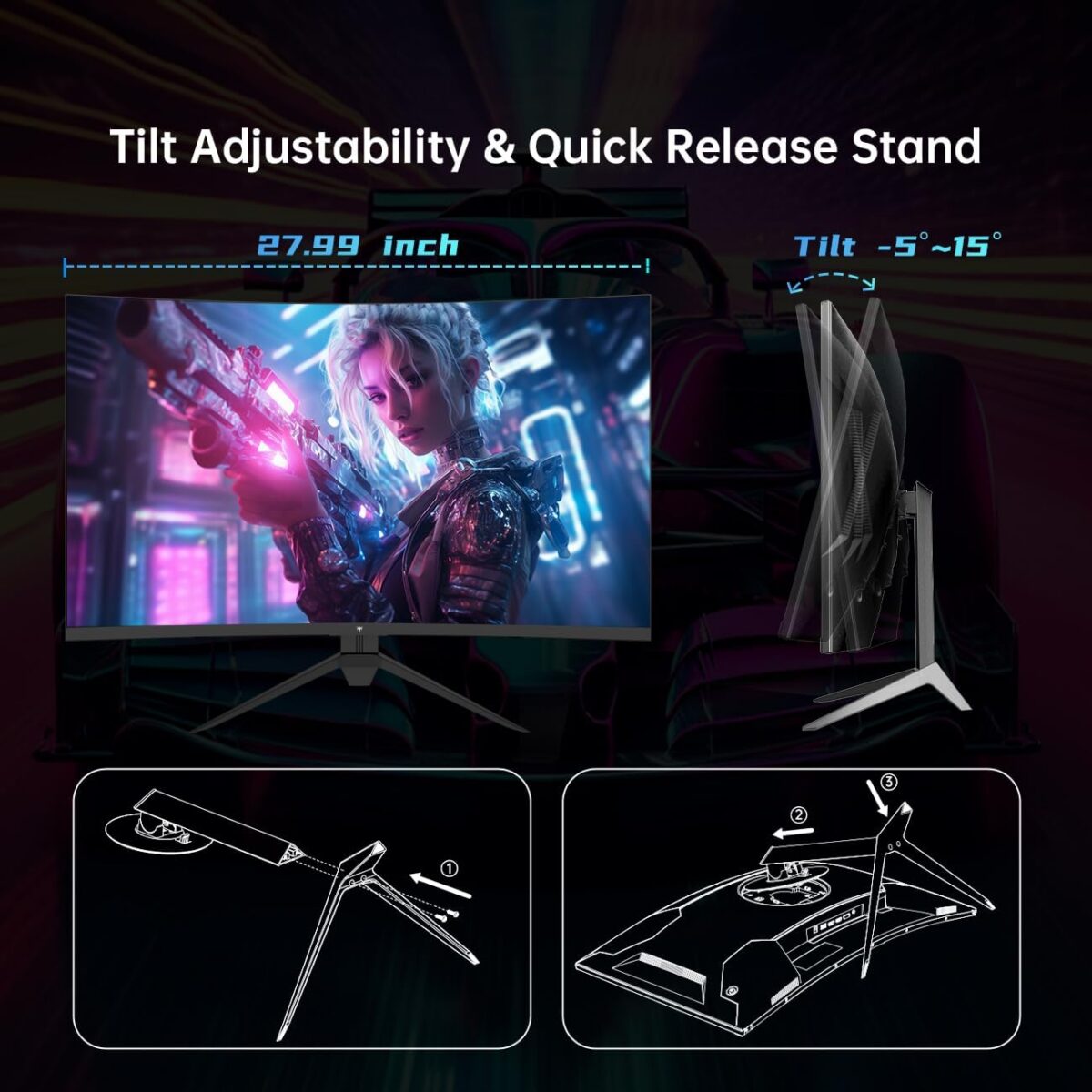 32 Inch Curved Gaming Monitor, FHD 1080P 165Hz PC Monitor, 1500R, 122% sRGB with HDR, FreeSync Premium, HDMI 2.0x2, DisplayPort 1.4, VESA Compatible, Tilt Adjustable, Eye Care, H32S17C - Image 6