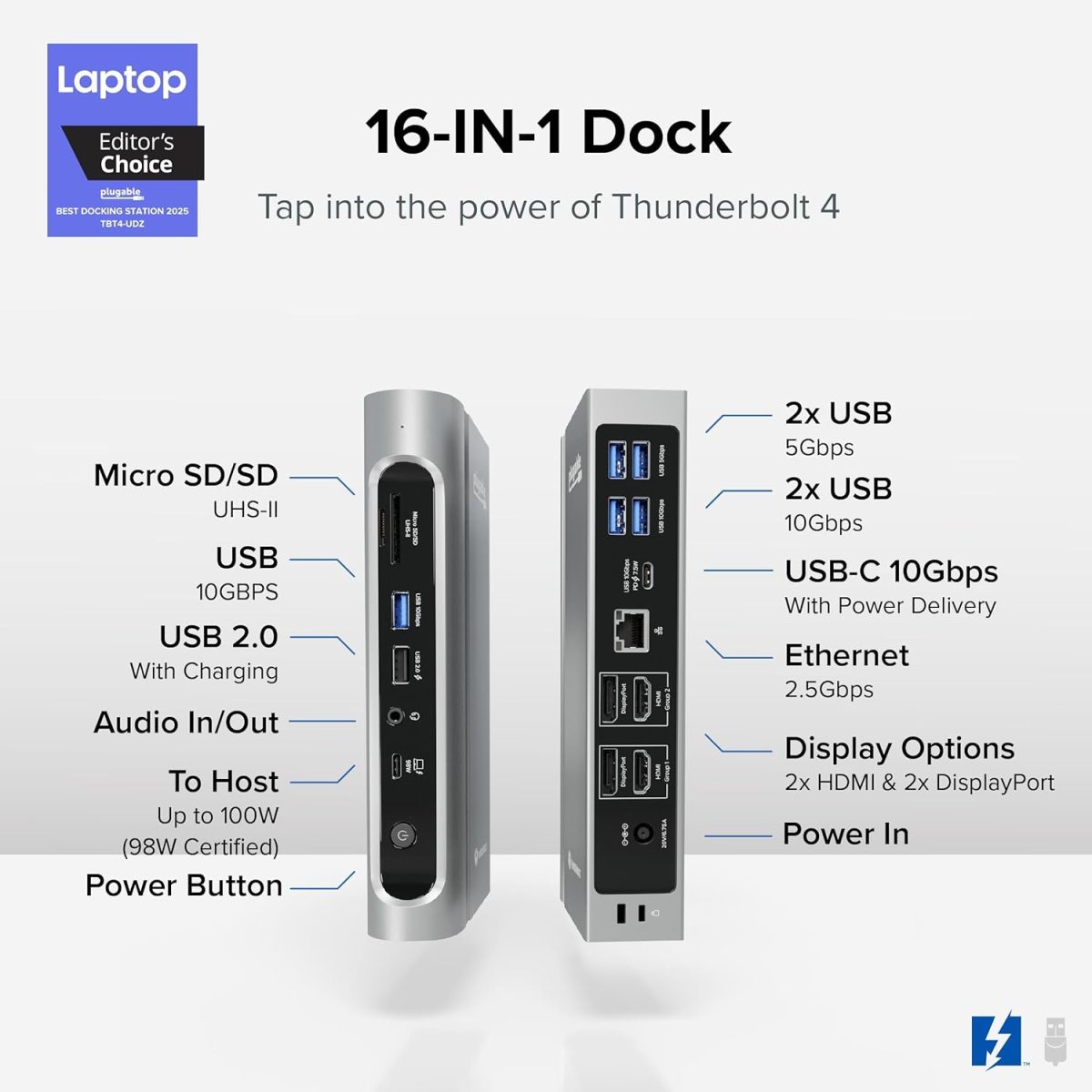 Plugable 16-in-1 Thunderbolt 4 Dock – Dual 4K Monitors for M4 MacBook Air/Pro, 100W Charging, 2X HDMI, 2X DisplayPort, 2.5G Ethernet, 7X USB, MicroSD/SD Card Reader, Audio, Windows & USB4 Compatible - Image 2