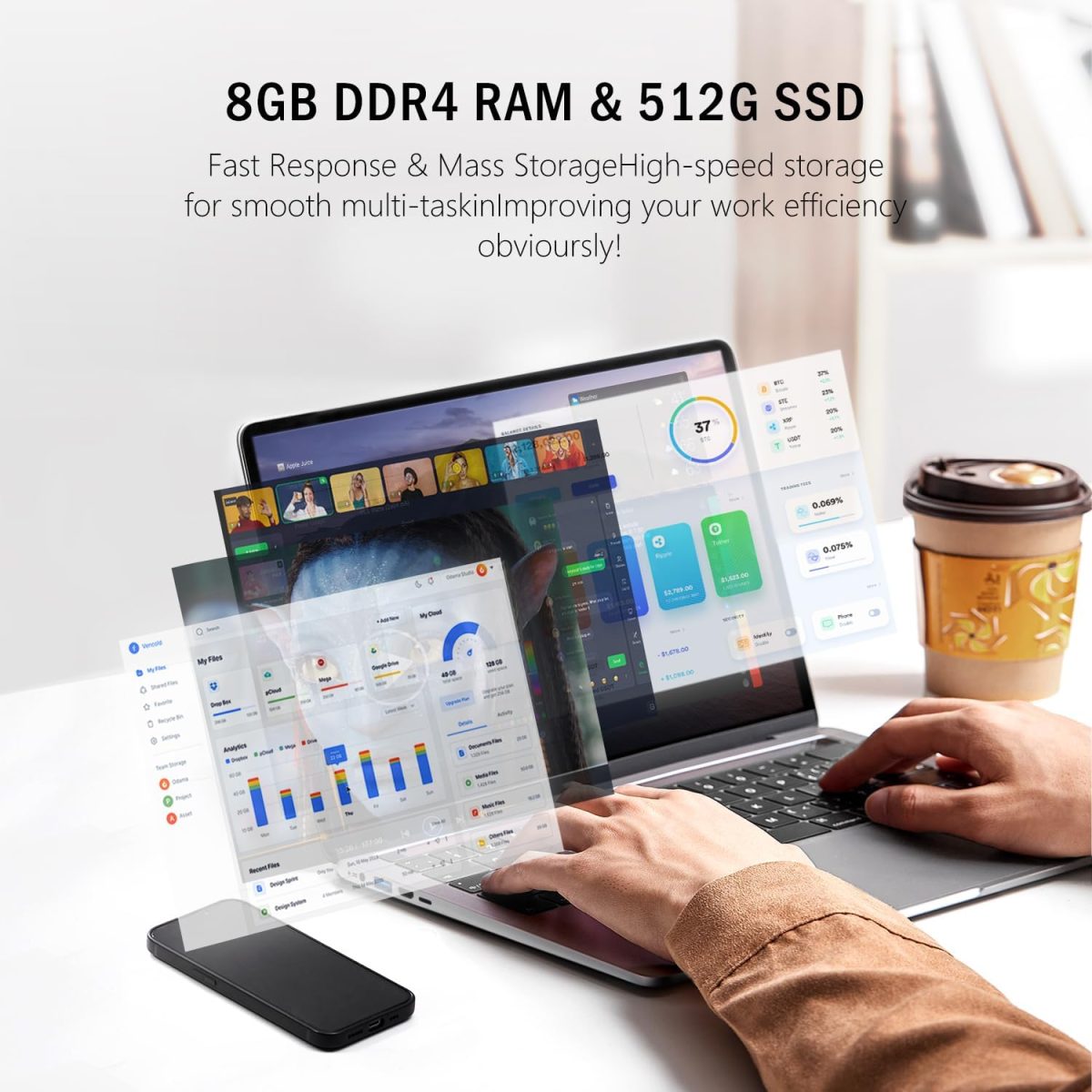 VGKE 14.1" Laptop, B14 Air Full HD 1920 * 1080 IPS Student Laptop Computer, Celeron J4105 Processor, 8GB RAM LPDDR4, 512GB SSD, Metal Body, Gray - Image 5