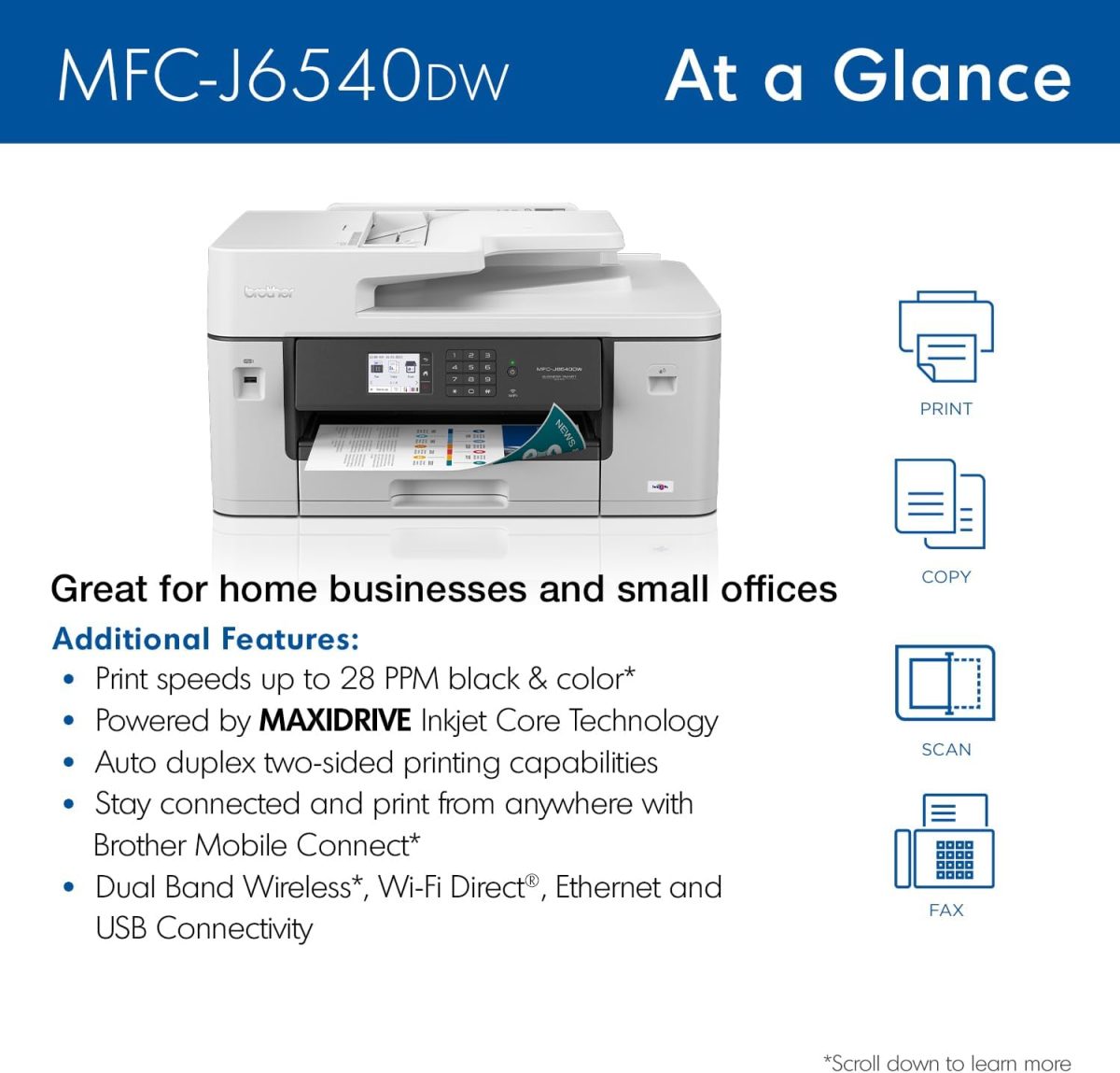 Brother Genuine Wide Format All-in-One Wireless Color Printer for Home Office and Small Business with 11x17 Printer, Scanner, Copier and Fax - Fast 28 PPM Inkjet Technology (MFC-J6540DW) - Image 2