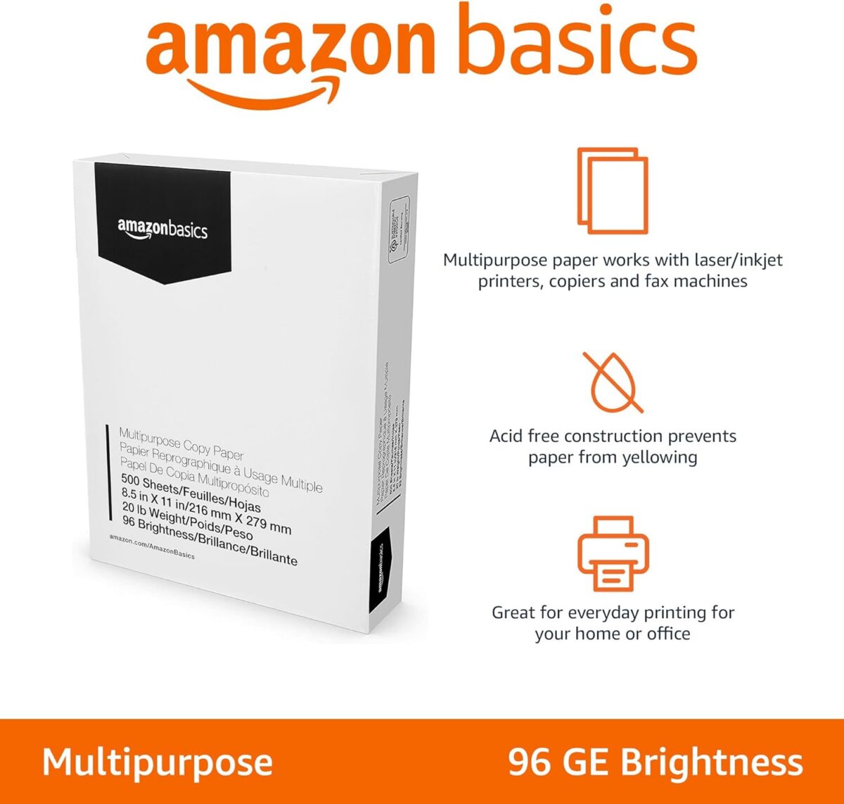 Amazon Basics Multipurpose Copy Printer Paper, 20 Pound, White, 96 Brightness, 8.5 x 11 Inch, 1 Ream , 500 Sheets Total - Image 2