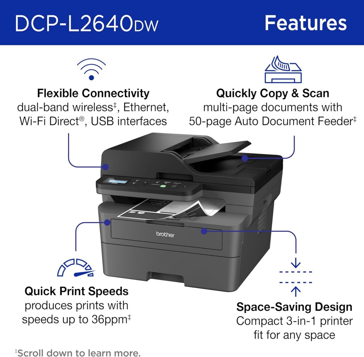 Brother DCP-L2640DW Wireless Compact Monochrome Multi-Function Laser Printer with Copy and Scan, Duplex, Mobile, Black & White | Includes Refresh Subscription Trial(1), Works with Alexa - Image 3