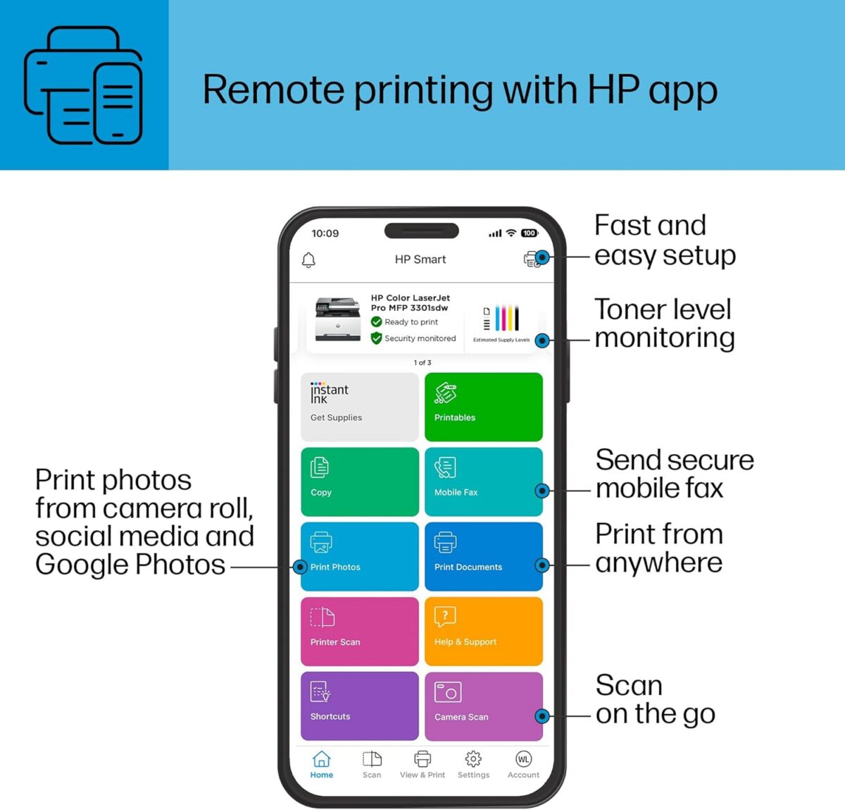 HP Color Laserjet Pro MFP 3301sdw Wireless All-in-One Color Laser Printer, Scanner, Copier, Best-for-Office (499Q3F) - Image 11