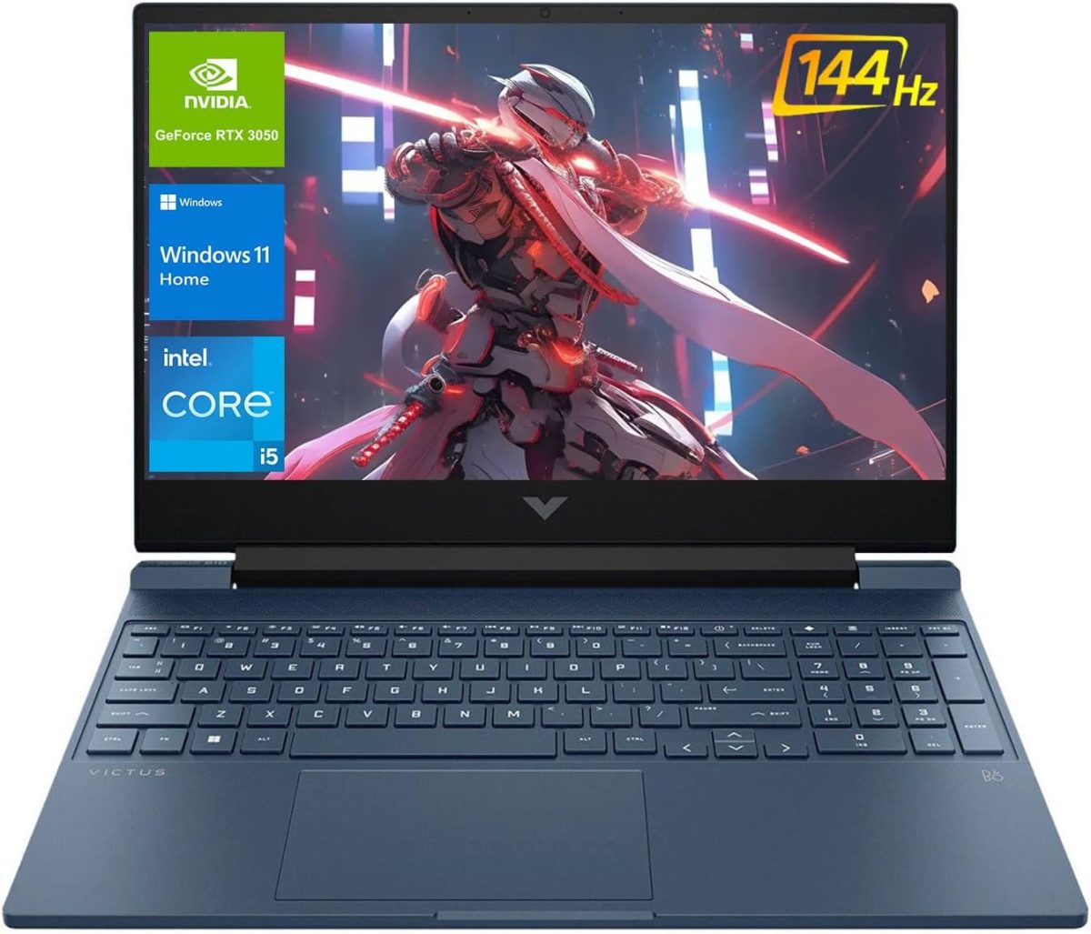 HP Victus 15.6 i5 Gaming Laptop, 15.6" FHD 1920*1080 144Hz, Intel Core i5-12450H, NVIDIA GeForce RTX 3050, 32GB RAM, 1TB SSD, Backlit KB, Touchpad, SD Card Reader, Webcam, HDMI, Wi-Fi 6, W11 H, Blue - Image 1