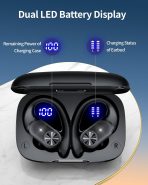 PocBuds Bluetooth Headphones Wireless Earbuds 80hrs Playtime Wireless Charging Case Digital Display Sports Ear Buds with Earhook Deep Bass IPX7 Waterproof Over-Ear Earphones for TV Phone Laptop Black - Image 3