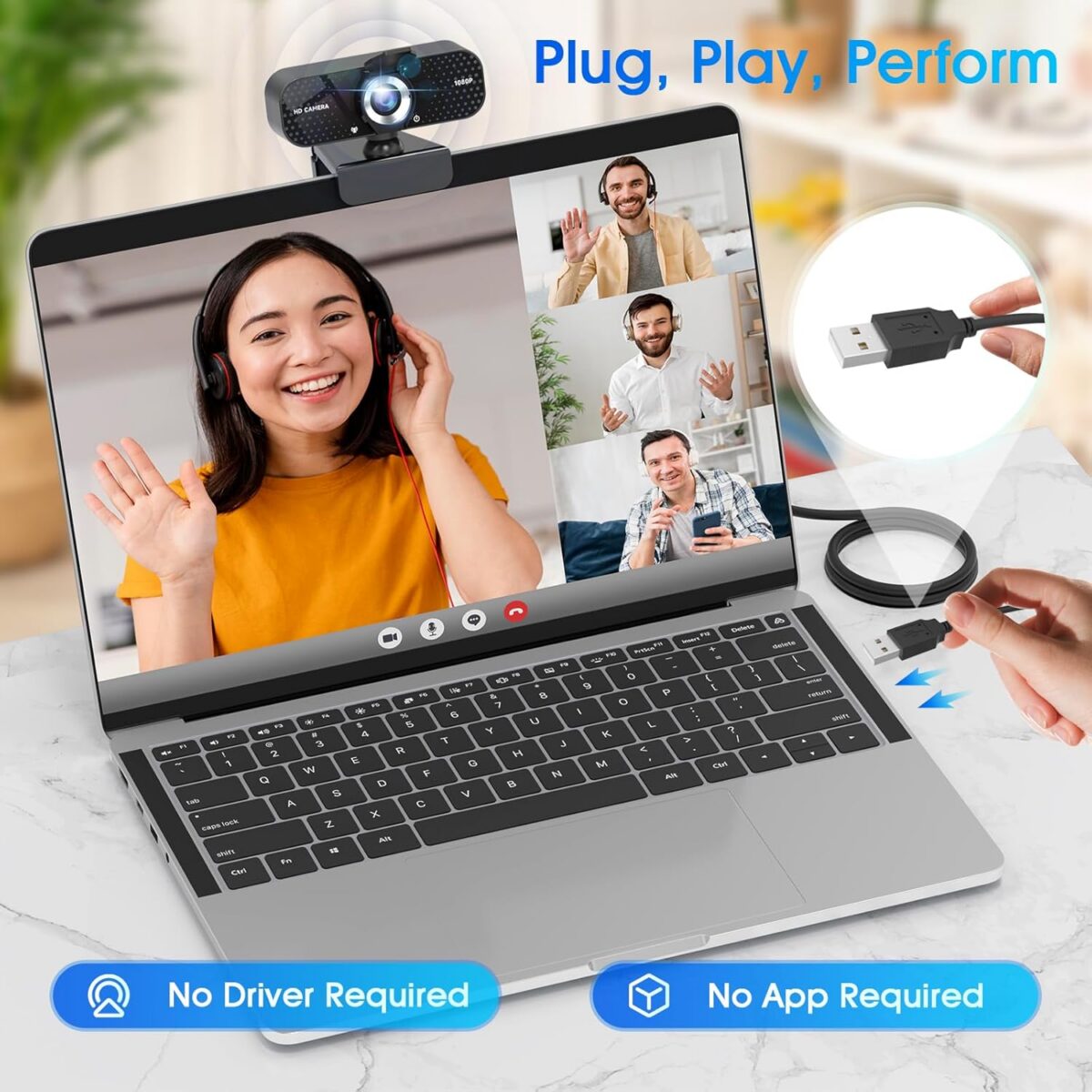 1080P HD Webcam with Microphone, Noise Cancellation, Privacy Cover, Wide-Angle Lens, Auto Light Correction, Plug & Play USB Webcam for Laptop, Desktop, PC, Mac, Zoom, Skype, Streaming Black - Image 6