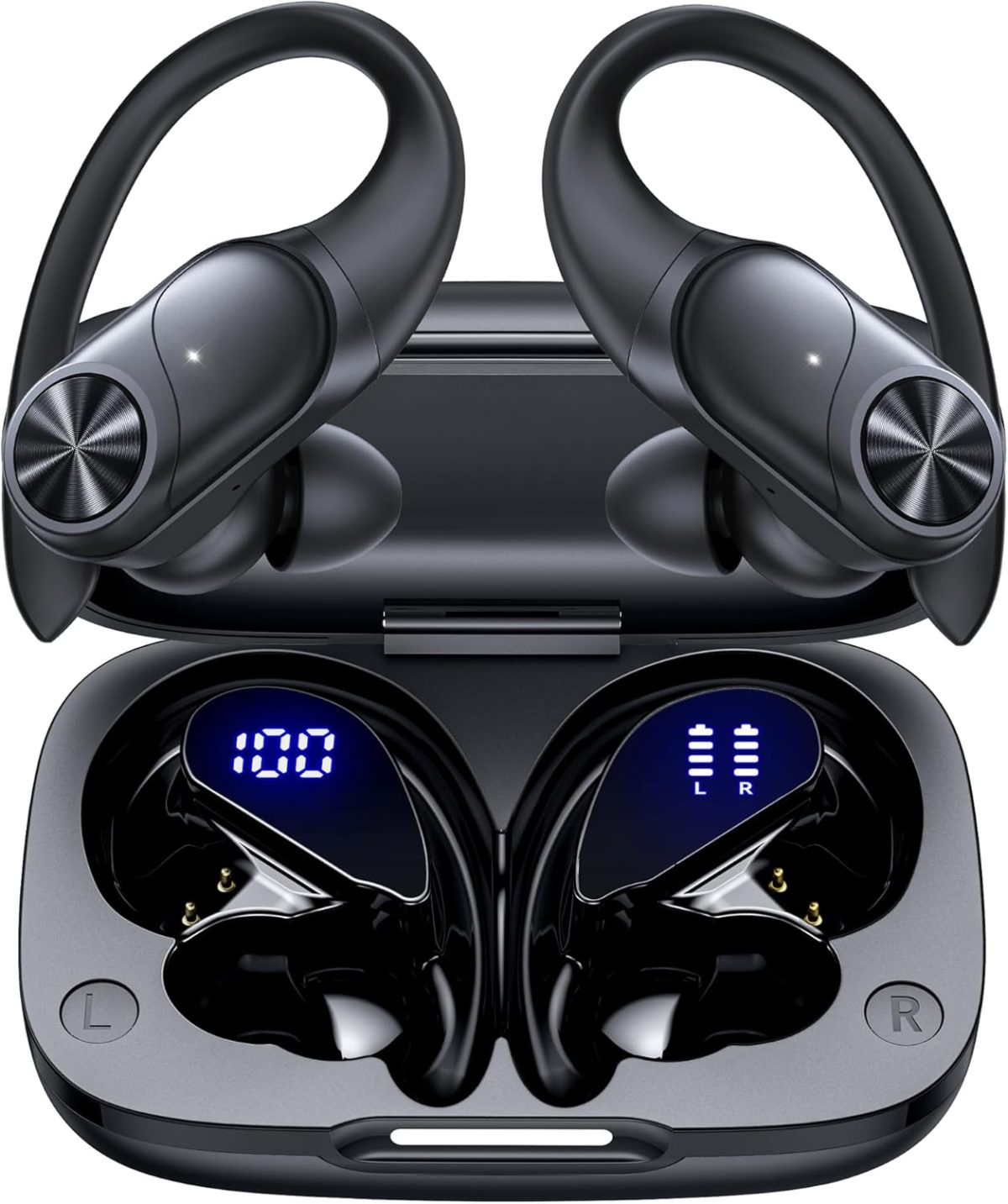 PocBuds Bluetooth Headphones Wireless Earbuds 80hrs Playtime Wireless Charging Case Digital Display Sports Ear Buds with Earhook Deep Bass IPX7 Waterproof Over-Ear Earphones for TV Phone Laptop Black - Image 1