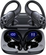 PocBuds Bluetooth Headphones Wireless Earbuds 80hrs Playtime Wireless Charging Case Digital Display Sports Ear Buds with Earhook Deep Bass IPX7 Waterproof Over-Ear Earphones for TV Phone Laptop Black