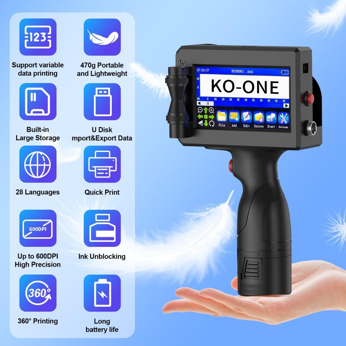 Handheld Inkjet Printer, 0.5 Inch Nozzle, Portable Inkjet Printer Gun for Text QRCode Barcode Production Date Time Logo Batch Number Print on Metal Wood Glass Cloth Carton Plastic - Image 2