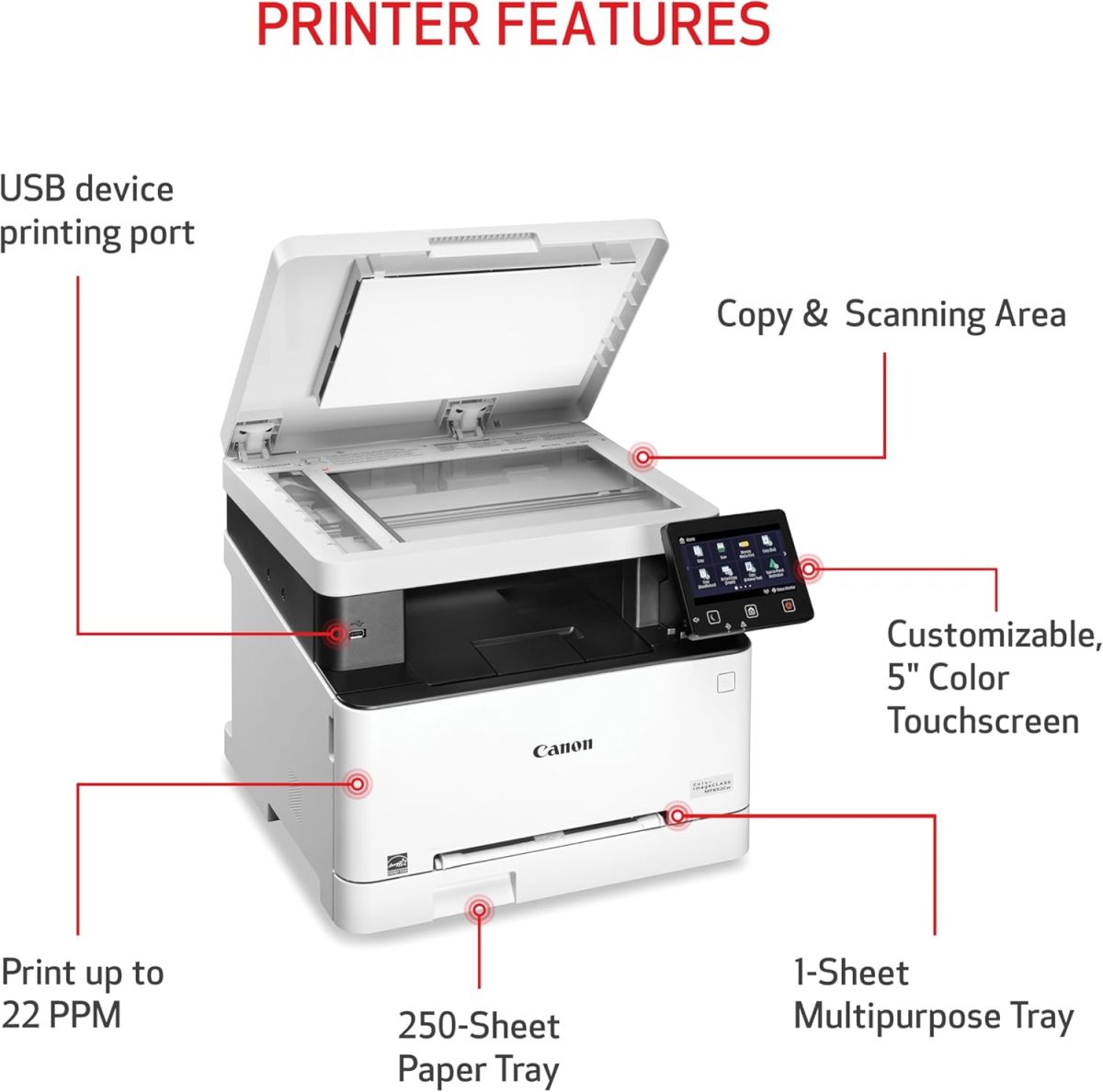 Canon Color imageCLASS MF652Cw - Wireless Laser Printer, Multifunction with Scanner, Copier, Mobile Ready, 3 Year Limited Warranty, 22 PPM Color, White - Image 2