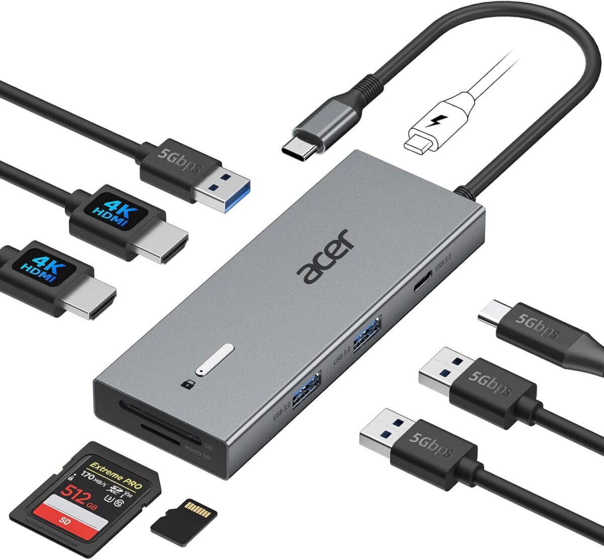Acer USB C Docking Station Dual HDMI Monitor, Laptop Multiport Adapter with 4K HDMI, USB A&C 3.0 Ports, SD/Micro SD, 100W PD Charging, USBC Dock Compatible with Mac/Acer/Dell XPS/HP/Surface etc - Image 1