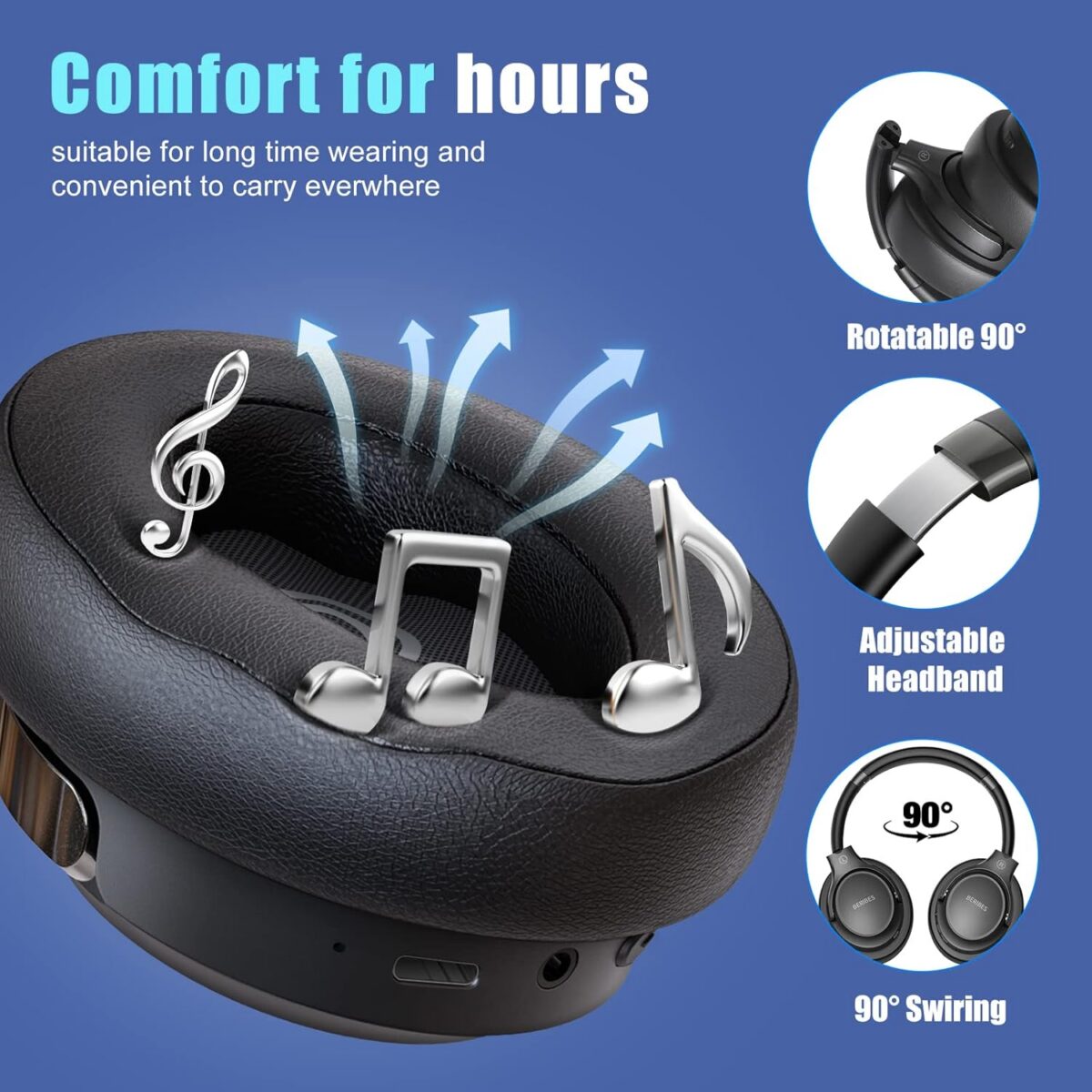 BERIBES Bluetooth Headphones Over Ear, 65H Playtime and 6 EQ Music Modes Wireless Headphones with Microphone, HiFi Stereo Foldable Lightweight Headsets, Deep Bass for Home Office Cellphone PC Ect. - Image 4