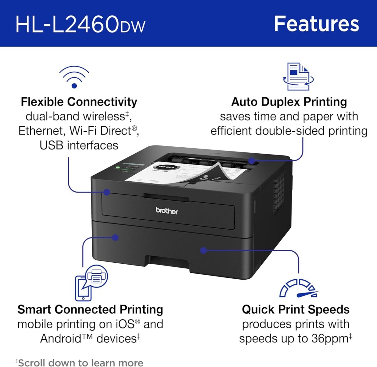 Brother HL-L2460DW Wireless Compact Monochrome Laser Printer with Duplex, Mobile Printing, Black & White Output | Includes Refresh Subscription Trial(1), Works with Alexa - Image 3