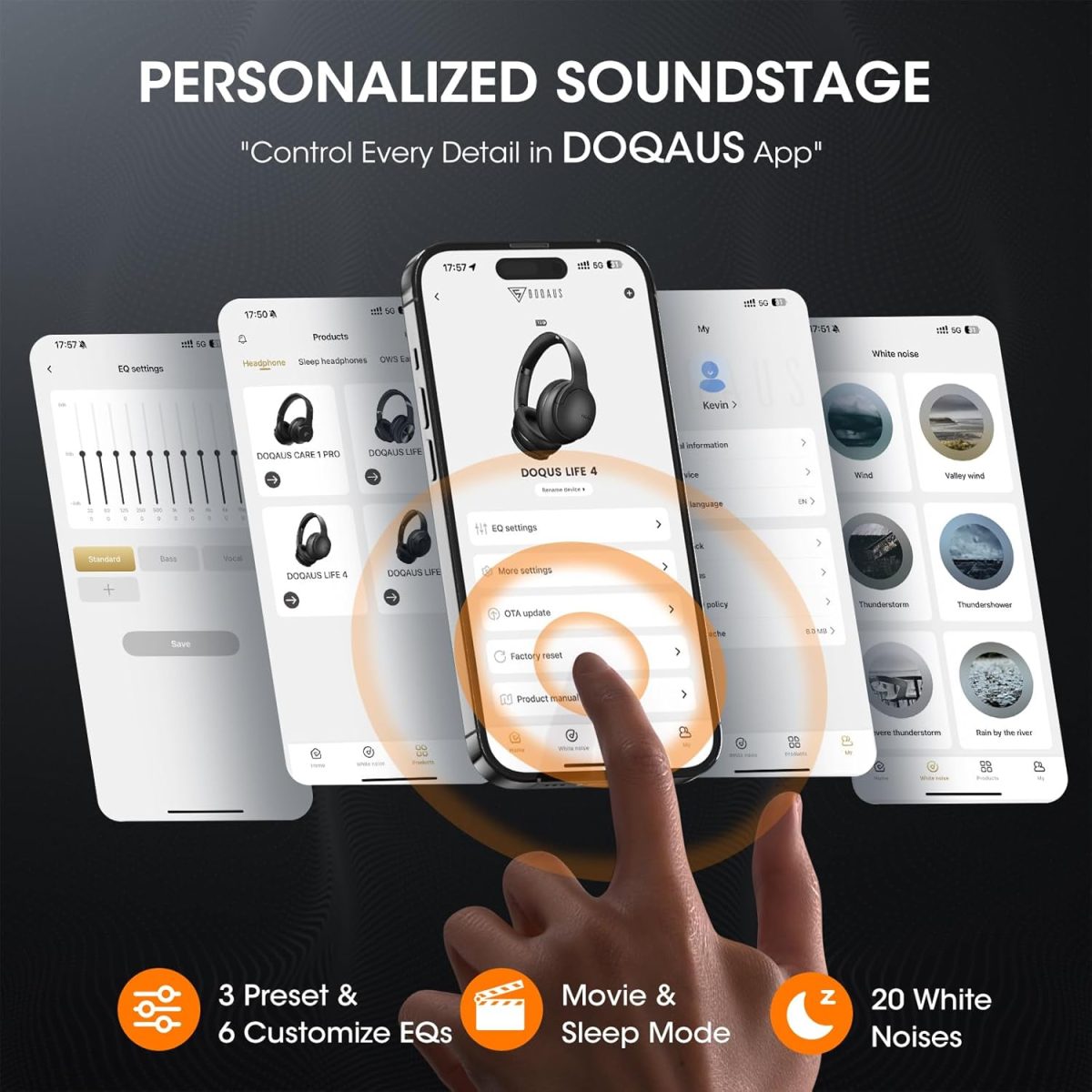 DOQAUS Over Ear Bluetooth Headphones Wireless, 90H Playtime, BT 5.4, 9 EQ Modes, HiFi Deep Bass, Movie & Sleep Mode, White Noises w/App Control, Memory Foam Cups for Travel, Gym, Workout, PC, Phone - Image 4