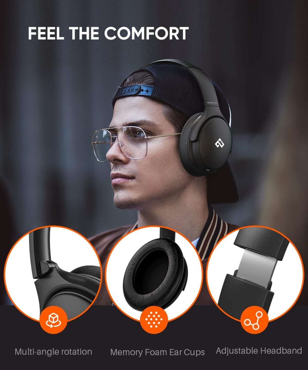 INFURTURE Upgrade Active Noise Cancelling Headphones, H1 Wireless Over Ear Bluetooth Headphones, Deep Bass Headset, Low Latency, Memory Foam Ear Cups,90H Playtime - Image 6