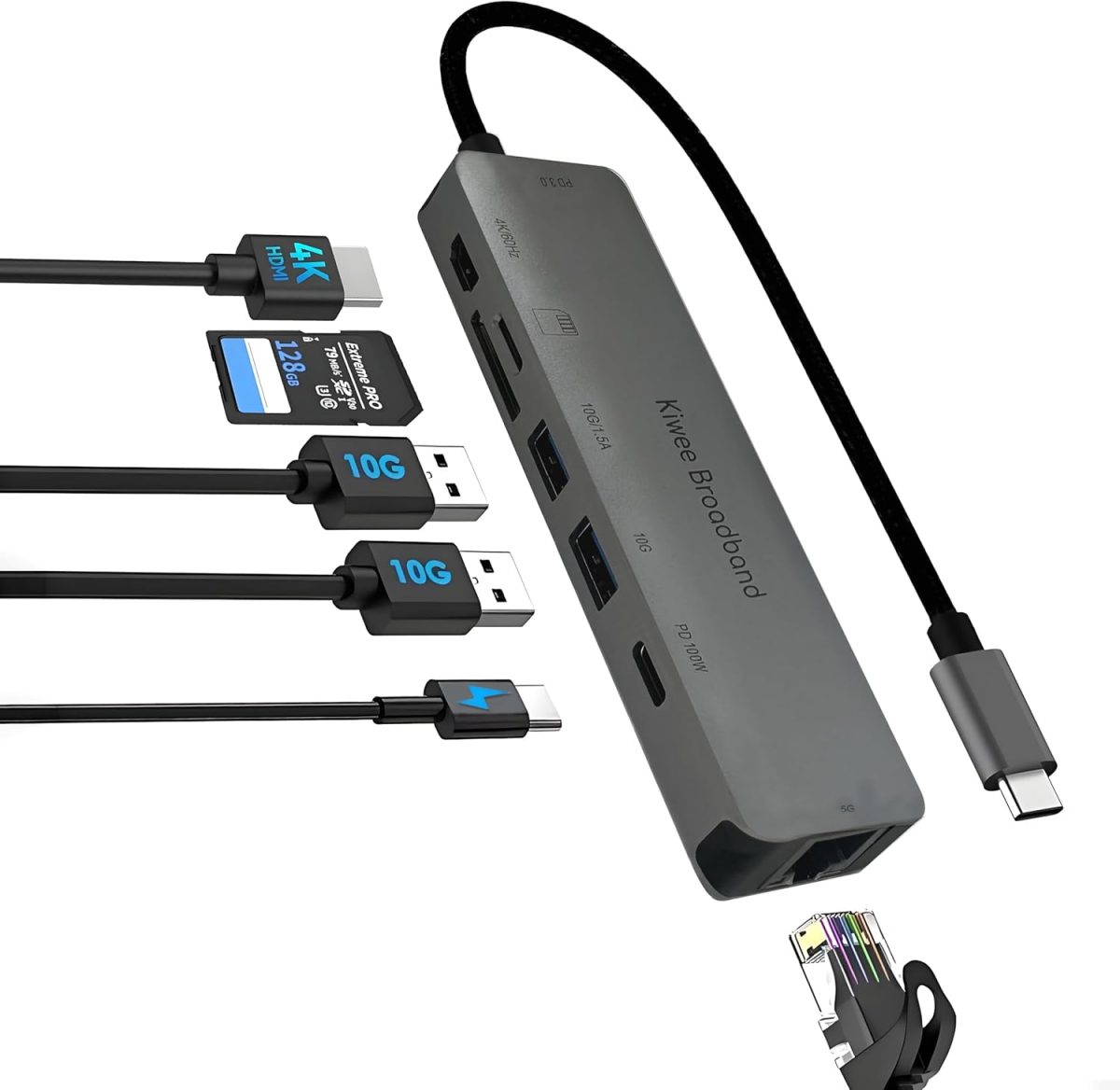 7-in-1 USB-C Hub with 5Gbps Ethernet, 100W PD Charging, 4K HDMI, 2 USB-A 3.2 Ports, SD/MicroSD Card Reader, Universal Dock for MacBook, Windows Laptop, iPad Pro, Chromebook (KB-USBC-5GH7) - Image 1