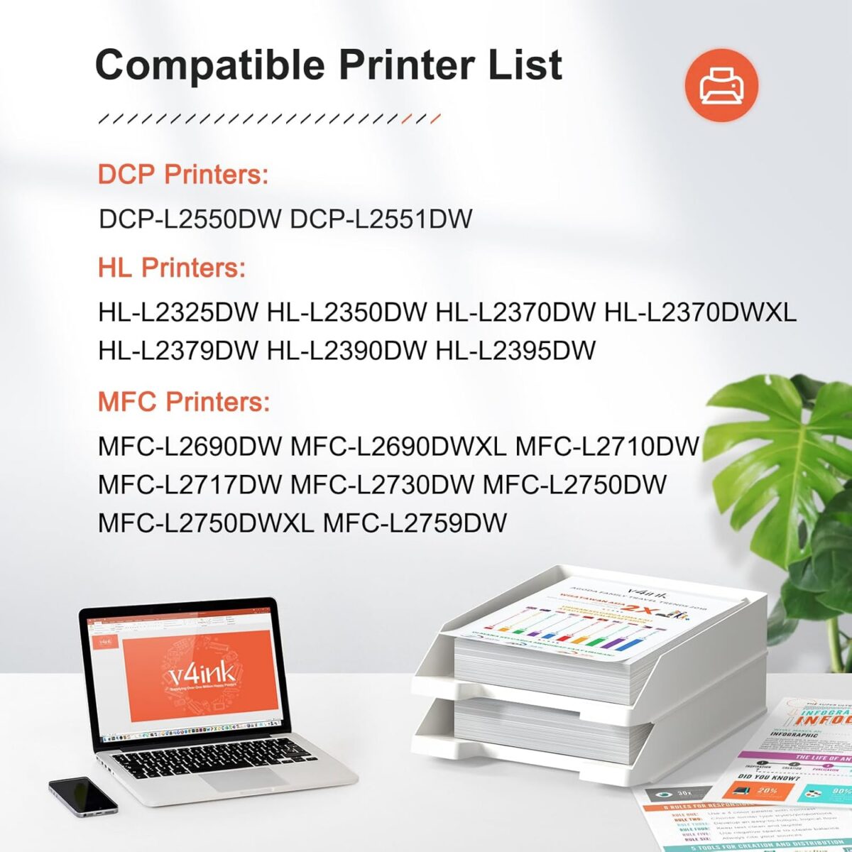 v4ink 4PK Compatible TN760 Toner Replacement for Brother TN760 TN-760 TN730 TN770 Toner Cartridge for Brother HL-L2350DW HL-L2390DW HL-L2395DW HL-L2370DW MFC-L2710DW MFC-L2750DW DCP-L2550DW Printer - Image 2