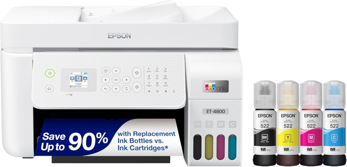 Epson EcoTank ET-4800 Wireless All-in-One Cartridge-Free Supertank Printer with Scanner, Copier, Fax, ADF and Ethernet – Ideal-for Your Home Office, White - Image 1