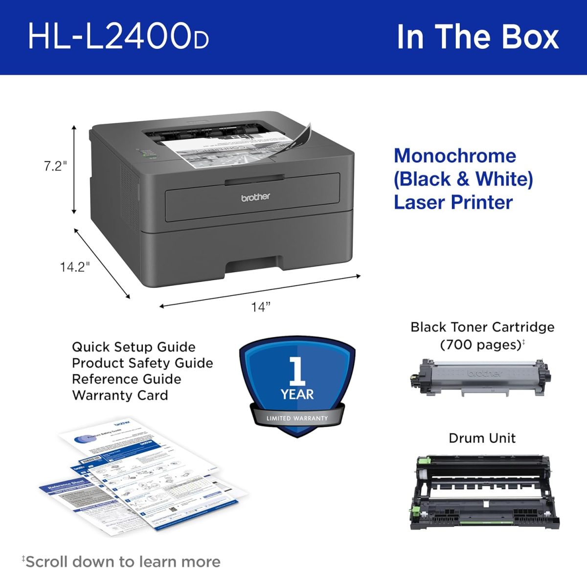 Brother HL-L2400D Compact Monochrome Laser Printer, USB Required (Cable not Included), Black & White Output | Includes Refresh Subscription Trial(1), (Renewed Premium) - Image 8