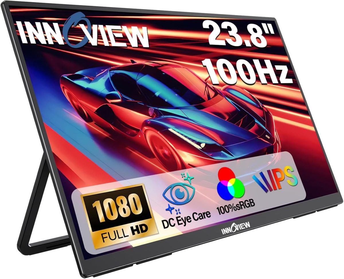 InnoView 23.8" Large Portable Monitor, FHD 100HZ 100% SRGB IPS USB-C HDMI Work Home Gaming Second Monitor 1080P W/180°Adjustable Stand for Laptop, MacBook, Phones - Image 1