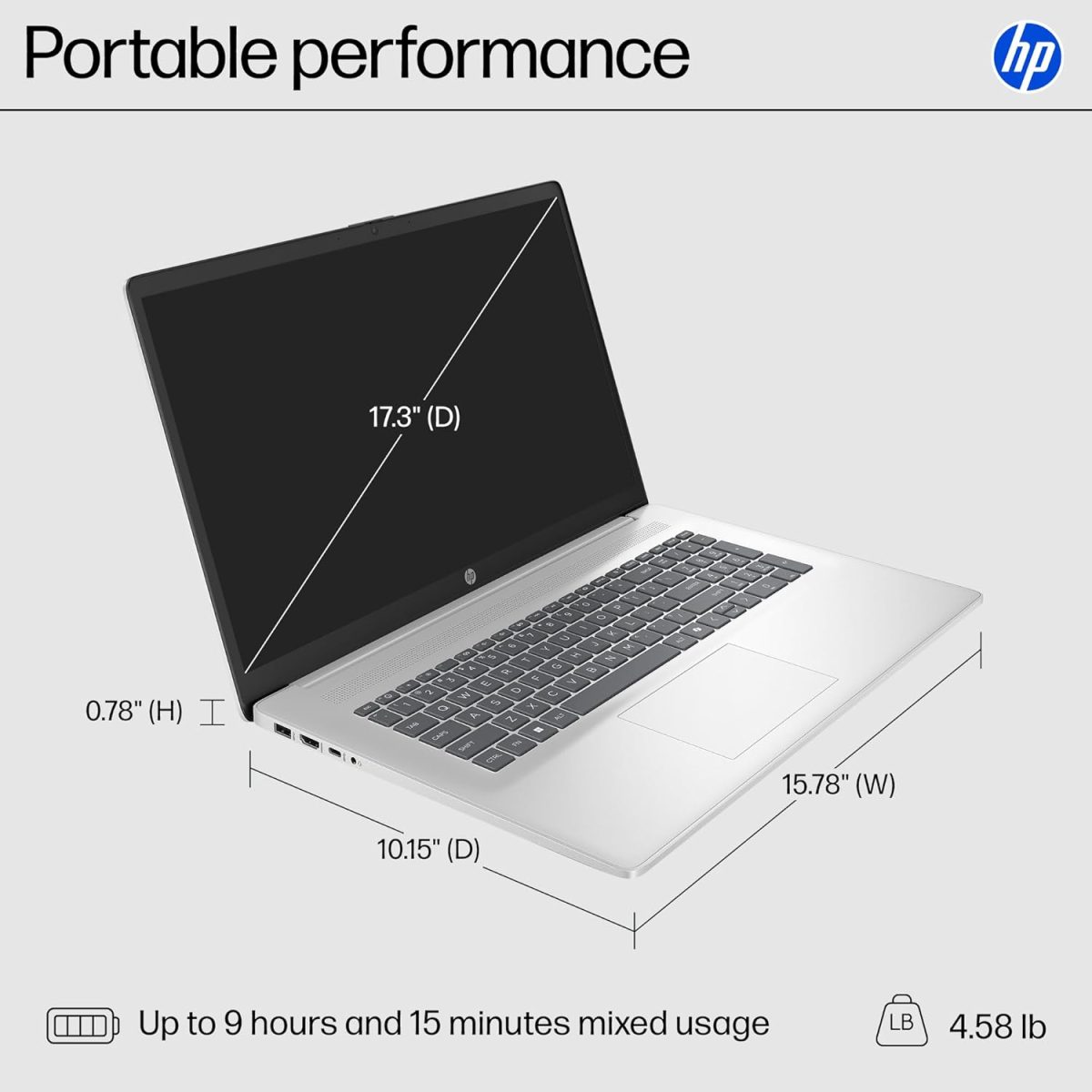 HP 17.3 inch Laptop, HD+ Display, AMD Ryzen 5 7520U, 16 GB RAM, 512 GB SSD, AMD Radeon Graphics, Windows 11 Home, Natural Silver, 17-cp2199nr - Image 5