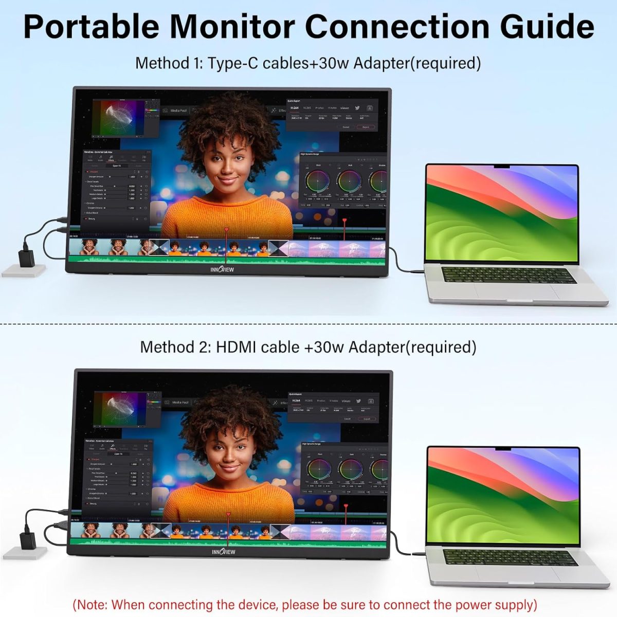 InnoView 23.8" Large Portable Monitor, FHD 100HZ 100% SRGB IPS USB-C HDMI Work Home Gaming Second Monitor 1080P W/180°Adjustable Stand for Laptop, MacBook, Phones - Image 5