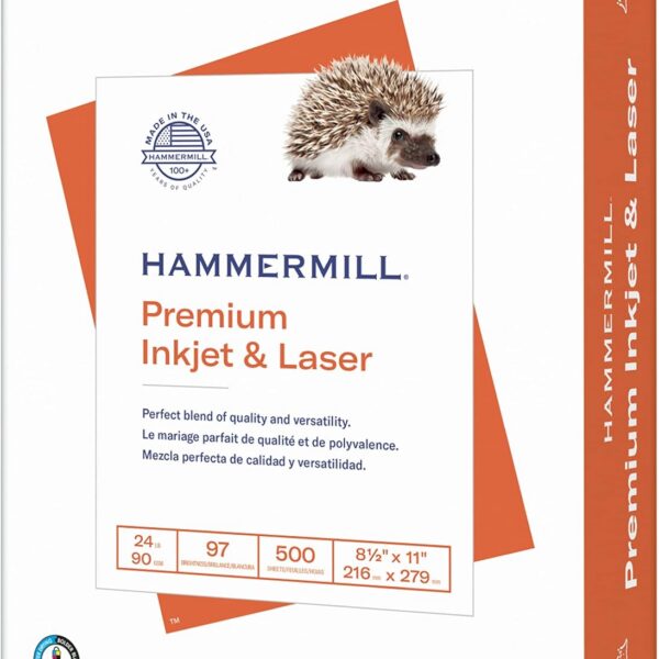 Hammermill Printer Paper, Premium Inkjet & Laser Paper 24 Lb, 8.5 x 11 - 1 Ream (500 Sheets) - 97 Bright, Made in the USA, 166140R