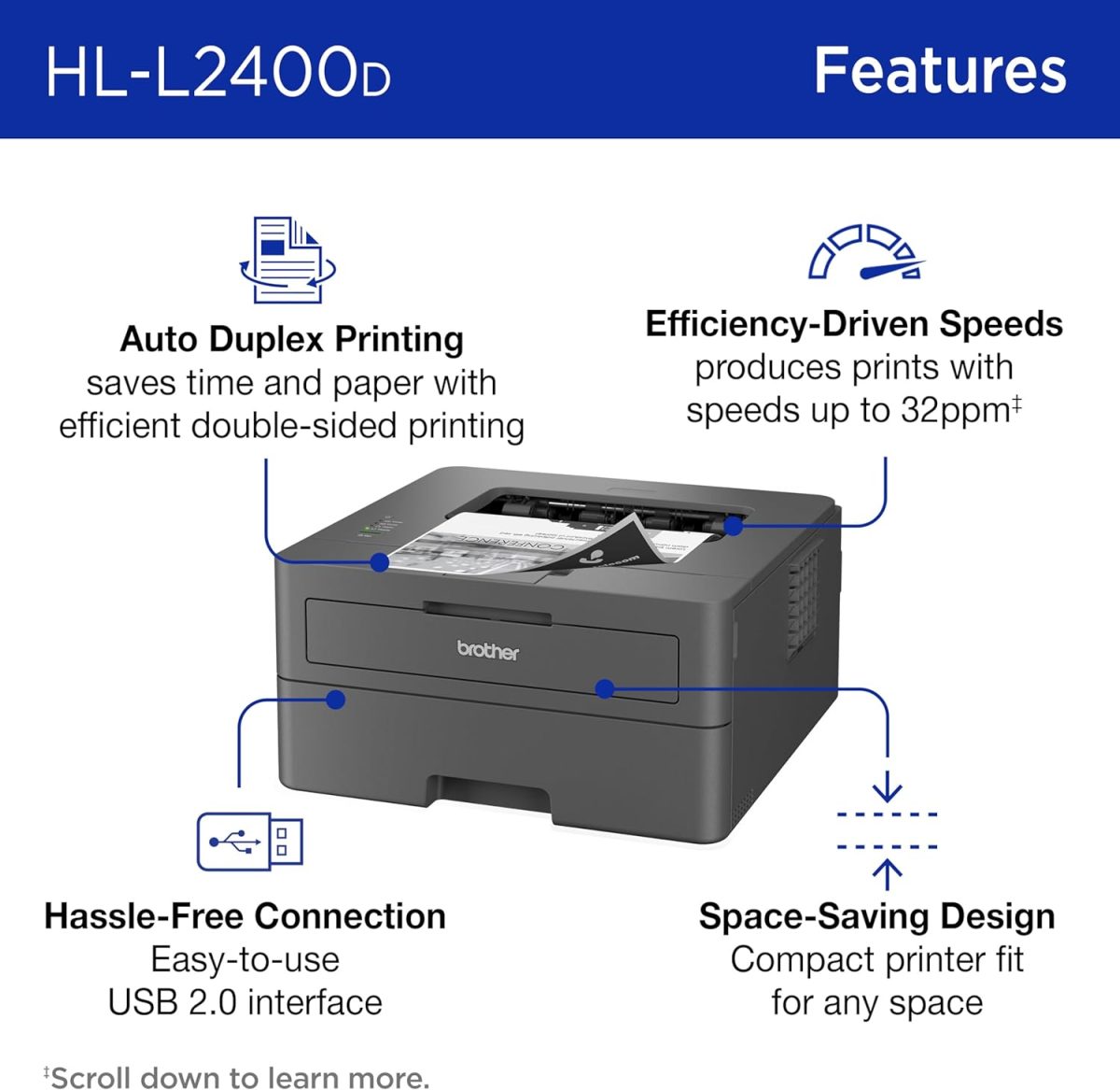 Brother HL-L2400D Compact Monochrome Laser Printer, USB Required (Cable not Included), Black & White Output | Includes Refresh Subscription Trial(1), (Renewed Premium) - Image 3