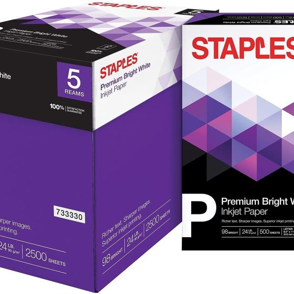 Staples Inkjet Paper – 8.5” x 11” Multipurpose, 24 lbs, 98Bright, 5-Reams/Carton